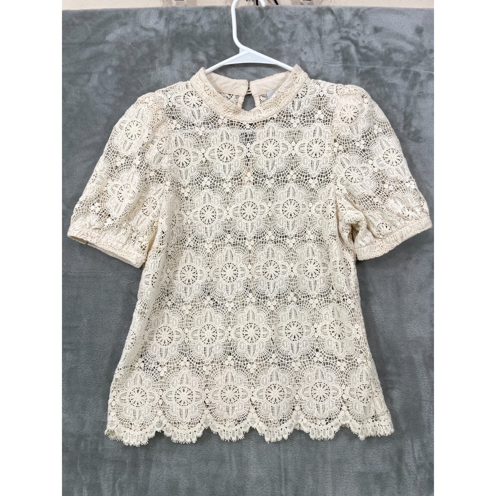 Veronika Maine Blouse Size 8 Crochet Floral Lace Ivory Cotton  Short Sleeve Boho
